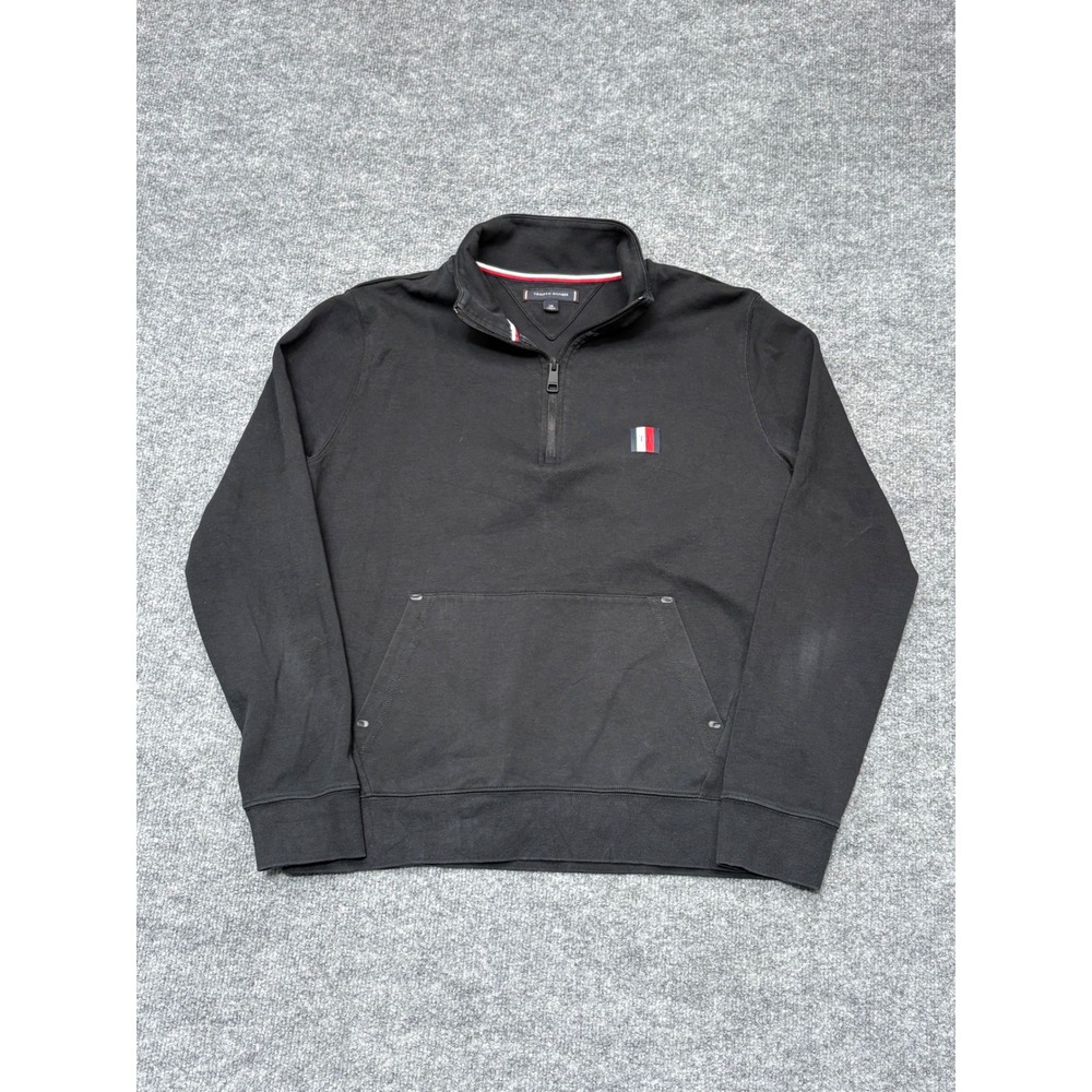 Tommy Hilfiger Mens Large Black Quarter Zip Pullover Sweatshirt Flag‎ Logo Pouch